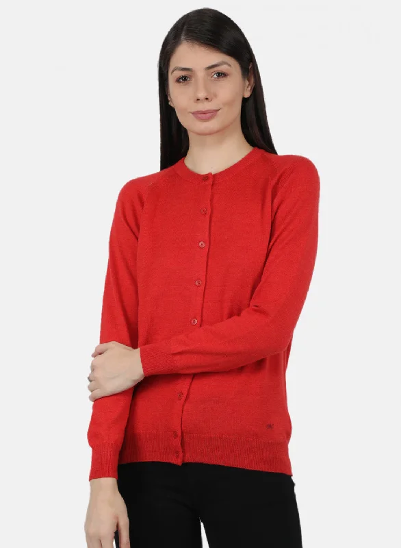 Lightweight Fabric Women Red Solid Cardigan