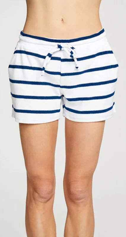 Classic Women's Fashion Terry Cloth Slit Side Shorts In Stripe Navy/white