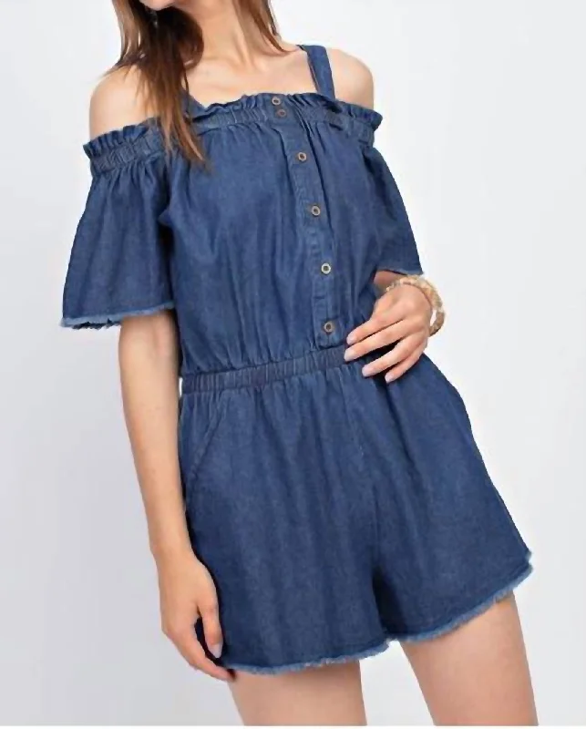 Flash Sale Now Distressed Bottom Short Romper In Dark Denim