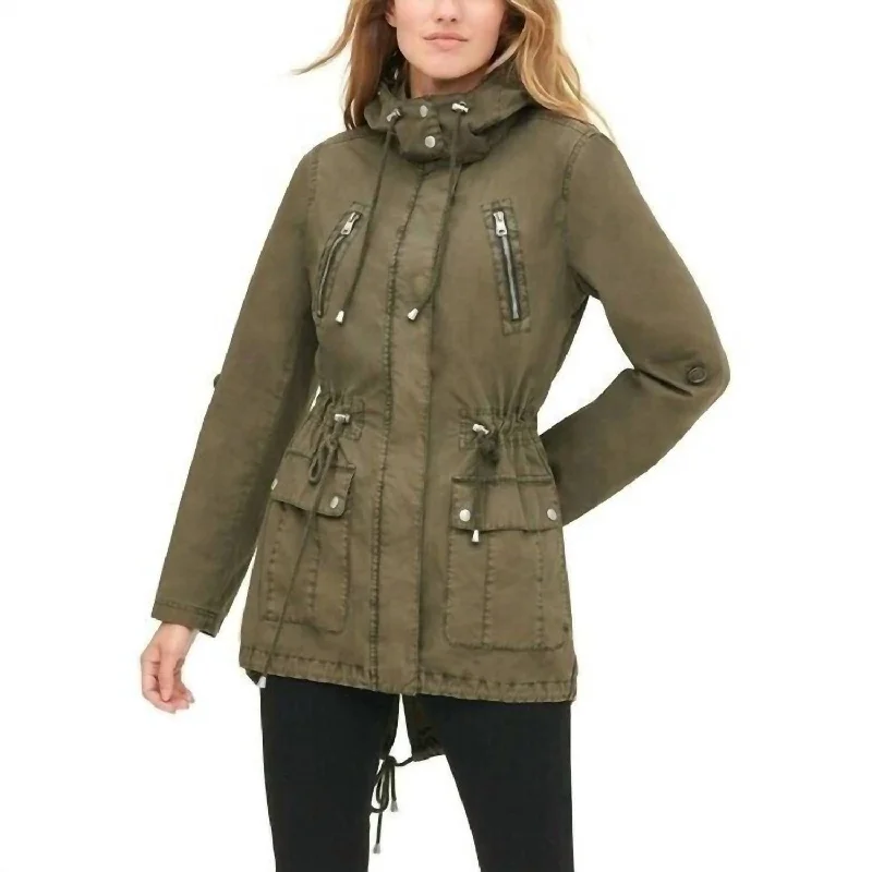 Classic Women's Fashion Parachute Fish Tail Mid Length Utility Jacket In Green