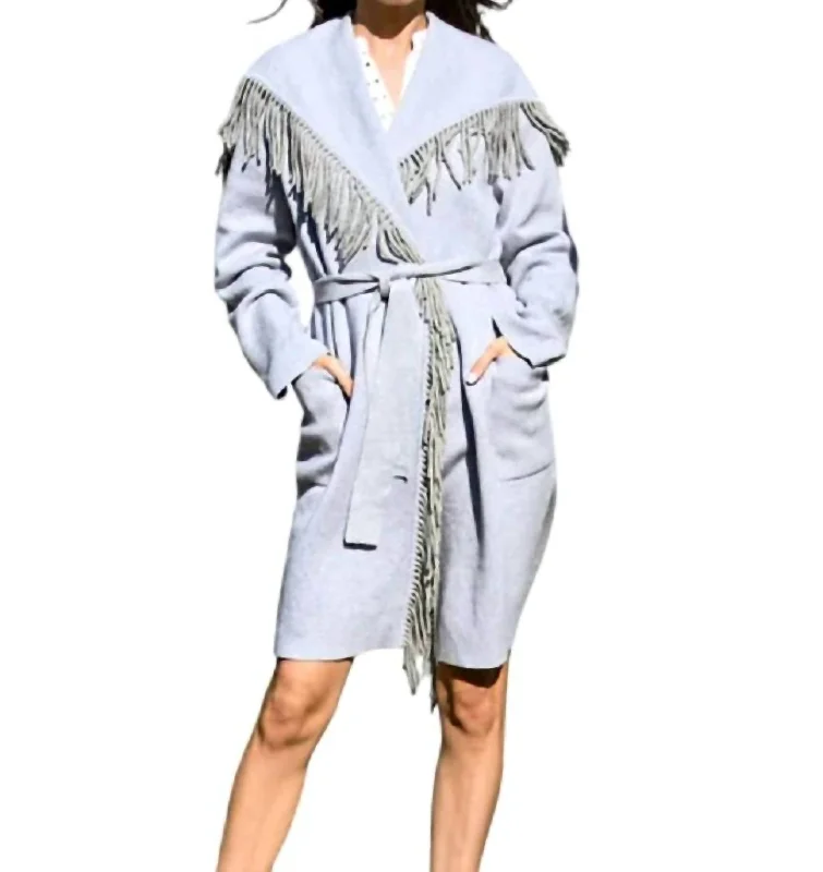 Wardrobe Essentials Max Long Jacket With Fringe Collar In Grey