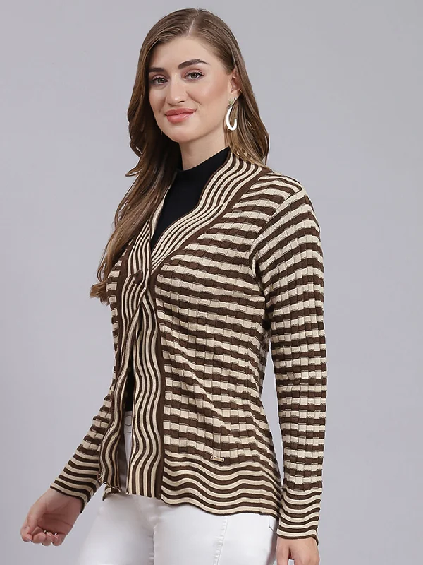 Bold Prints Casual Chic Women Beige & Brown Stripe Wool blend Cardigan