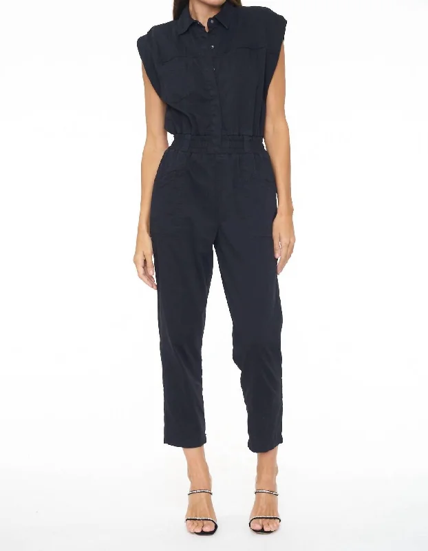 Dive Into Trendy Styles Rosie Shoulder Pad Jumpsuit In Fade To Black