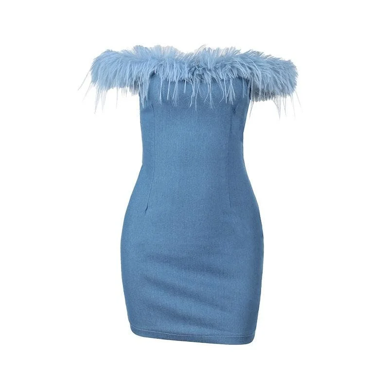 Browse Our Top Products BerryBetty - Feather off shoulder solid backless zip-up denim mini dress