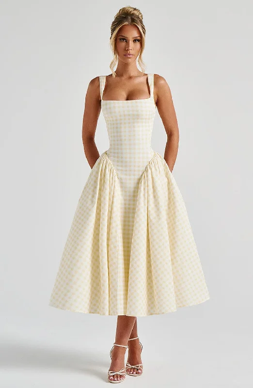 Trendy Fashion Sale Sherrie Midi Dress - Lemon Gingham