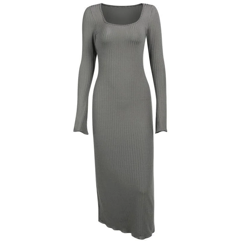 Crazy Price Slashing BerryBetty - Ribbed long flared sleeve solid square neck ruffle maxi dress