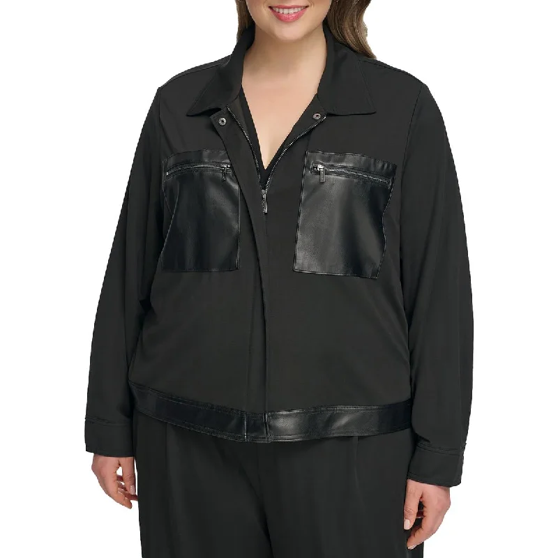 Laid-Back Elegance Plus Womens Faux Leather Trim Lightweight Shirt Jacket