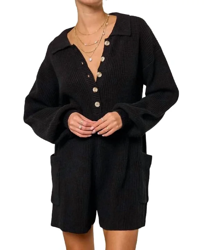 Comfortable Clothes Buttoned Sweater Knit Romper In Black