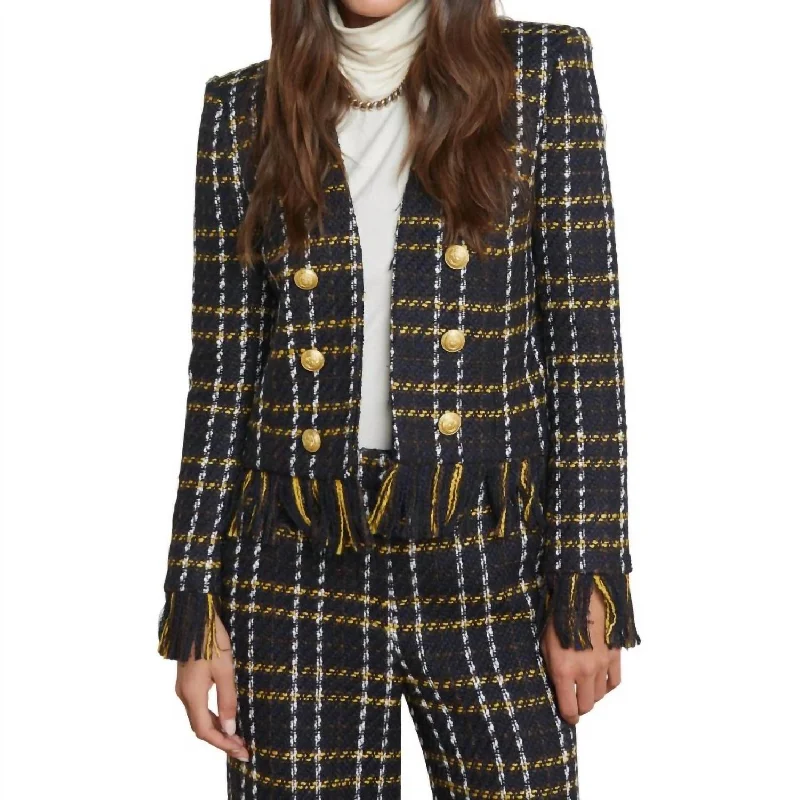 All Season Fashion Collection Belmont Fringe Jacket In Black/yellow Multi Plaid