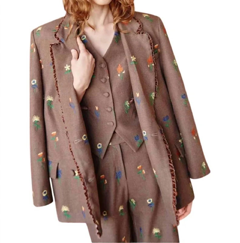 Your Timeless Wardrobe Awaits Double Breasted Blazer With Floral Embroidery In Chestnut