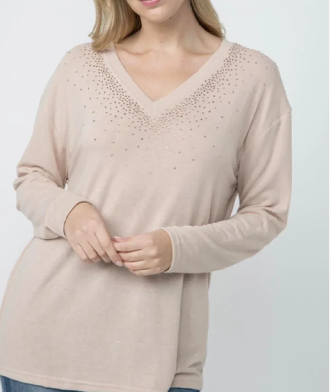 Crazy Discounts, Hurry Up Vneck Long Sleeve Top With Stones On Neckline In Sand