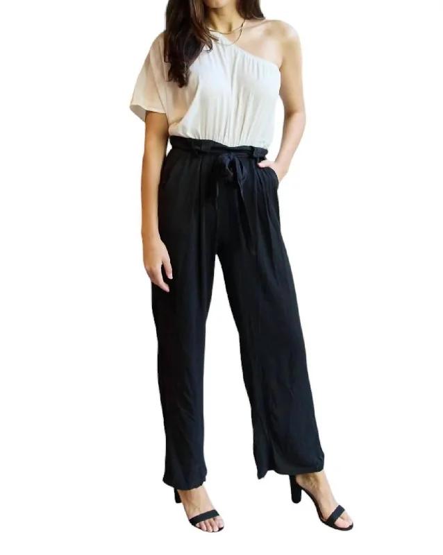 Style Revolution Marvelous In Manhattan One-Shoulder Jumpsuit In White/black