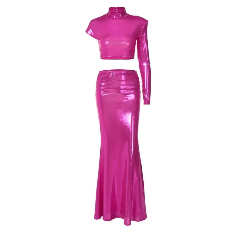 Exclusive Discounts BerryBetty - High neck irregular padded metallic maxi skirt set