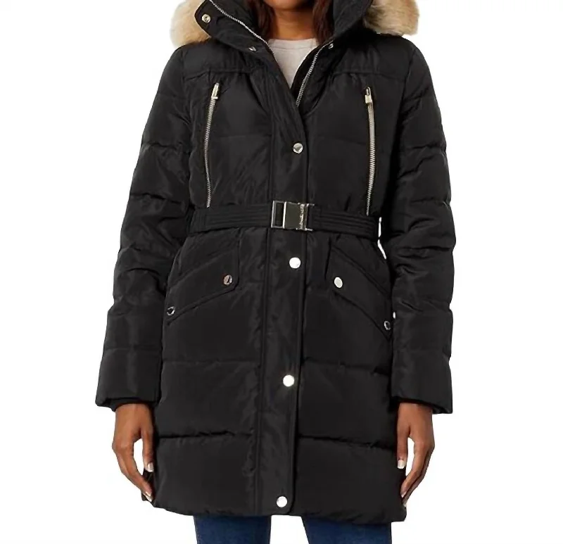 Trendy Clothing Sale Belted Faux Fur 3/4 Length Puffer Coat In Black