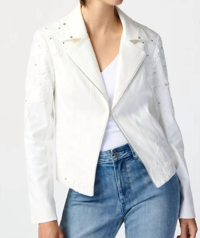 Designer Wear On Sale Studded Suede Floral Applique Jacket In White