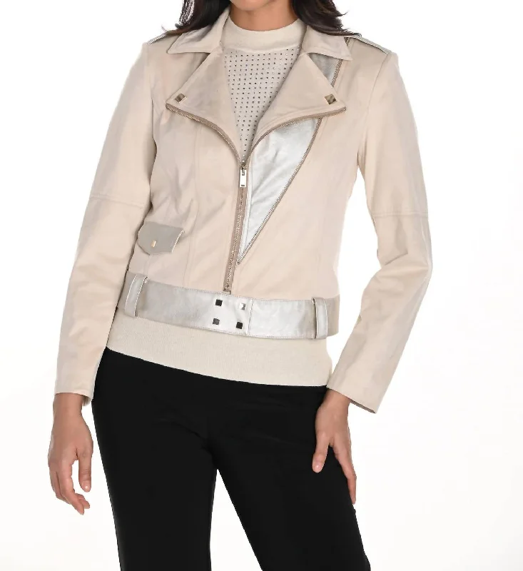 Trendy Clothing Sale Faux Suede Moto Jacket In Beige