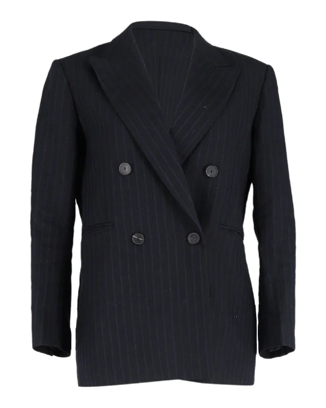 Rustic Countryside Charm Look Sandro Paris Striped Double-Breasted Blazer in Navy Blue Cotton