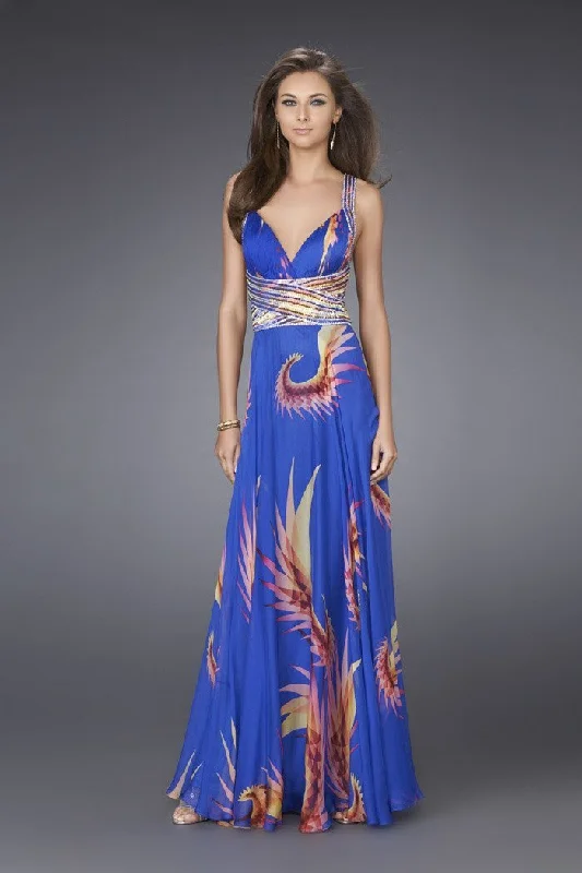 Trendy Street Style Attire La Femme - Strappy Printed V-Neck A-Line Evening Gown 15256