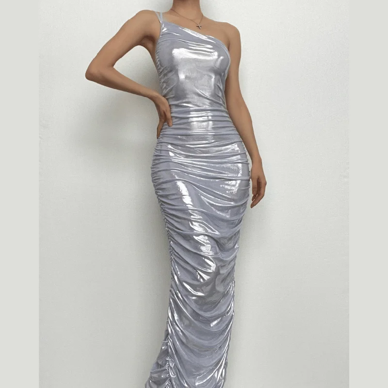 The Latest Fashion Trends BerryBetty - Metallic one shoulder solid ruched zip-up maxi dress