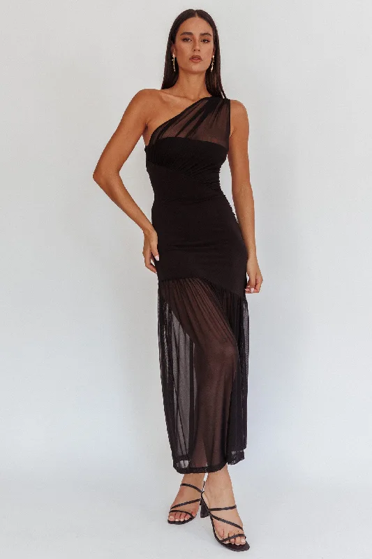 Travel Essentials Passion One-Shoulder Mesh Maxi Dress Black