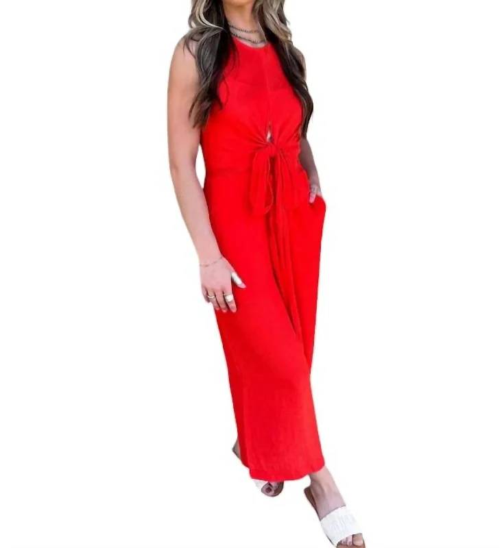 Comfortable Chic Woven Wrap Jumpsuit In Red