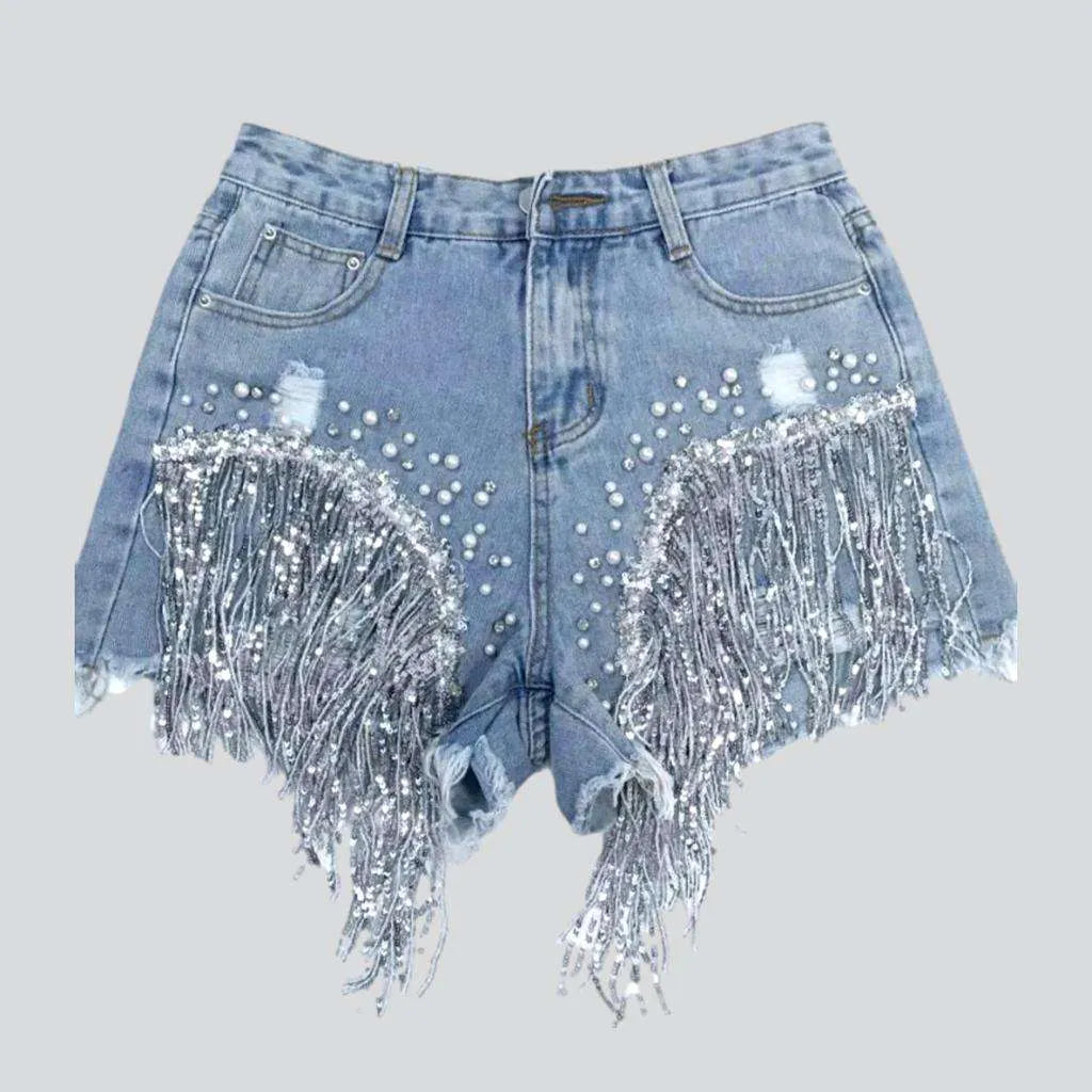 Cutting Edge Fashion Diamond fringe leg denim shorts