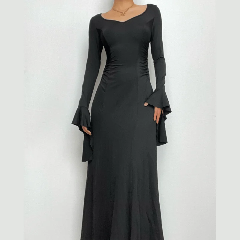 Trendy Street Style Attire BerryBetty - Long flared sleeve solid v neck ruched maxi dress