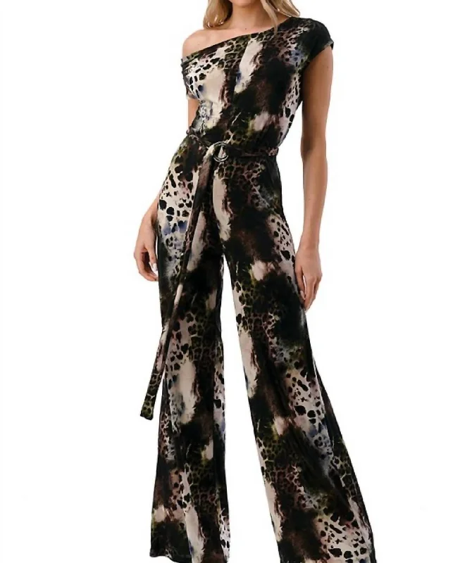 Versatile Wardrobe Essentials Off The Shoulder Belted Jumpsuit In Animal Print