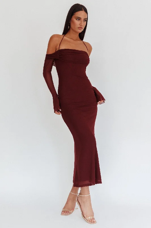 Massive Savings Numbers Game Off-Shoulder Halter Maxi Dress Chocolate