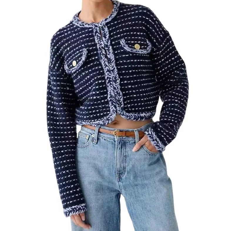 Sophisticated Style Cropped Lady Jacket In Marled Yarn In Navy