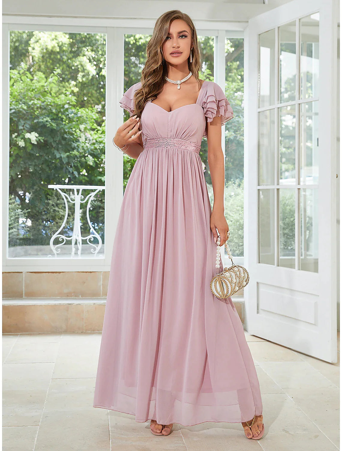 Exclusive Deals Online A-Line Wedding Guest Dresses Elegant Dress Party Wear Floor Length Short Sleeve Square Neck Chiffon with Ruffles