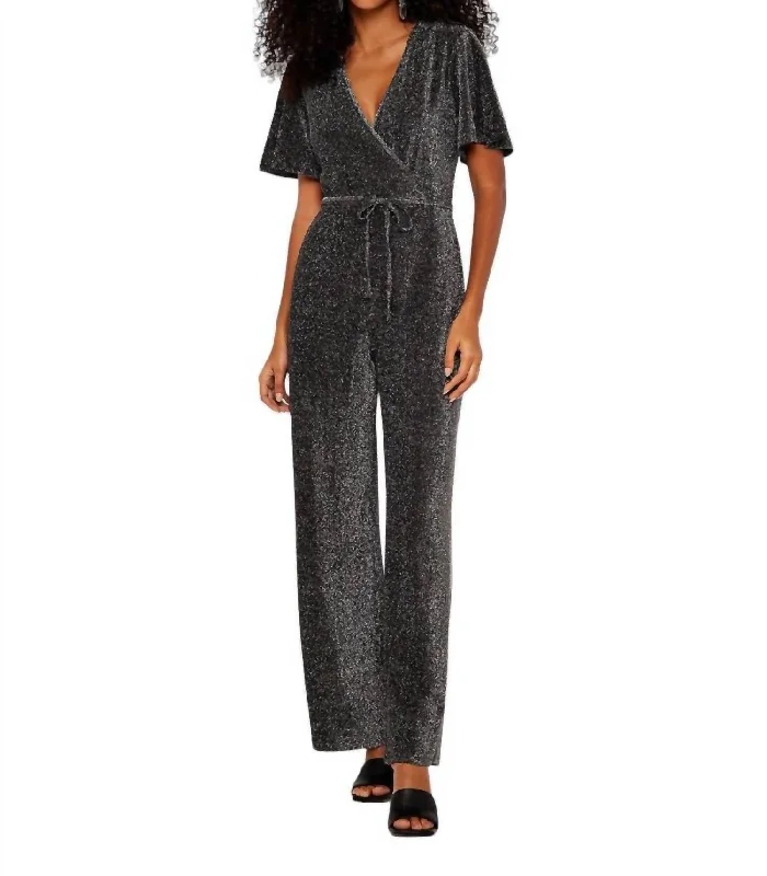 Boutique Styles Sparkle Angel Sleeve Jumpsuit In Silver