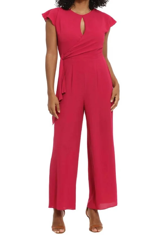 Stylish Statements Cap Sleeve Keyhole Wide Leg Jumpsuit In Cherry