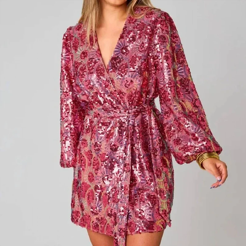 Fashion Forward Femininity Adeline Sequin Wrap Dress In Strawberry