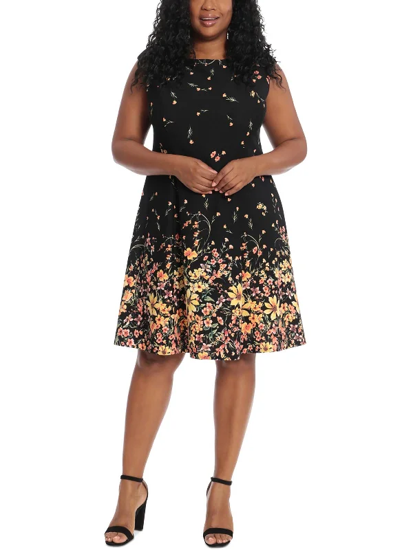 The Latest Trends Plus Womens Printed Cap Sleeves Fit & Flare Dress