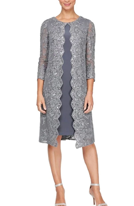 Explore What's New Short Embroidered Mock Jacket Dress In Grey