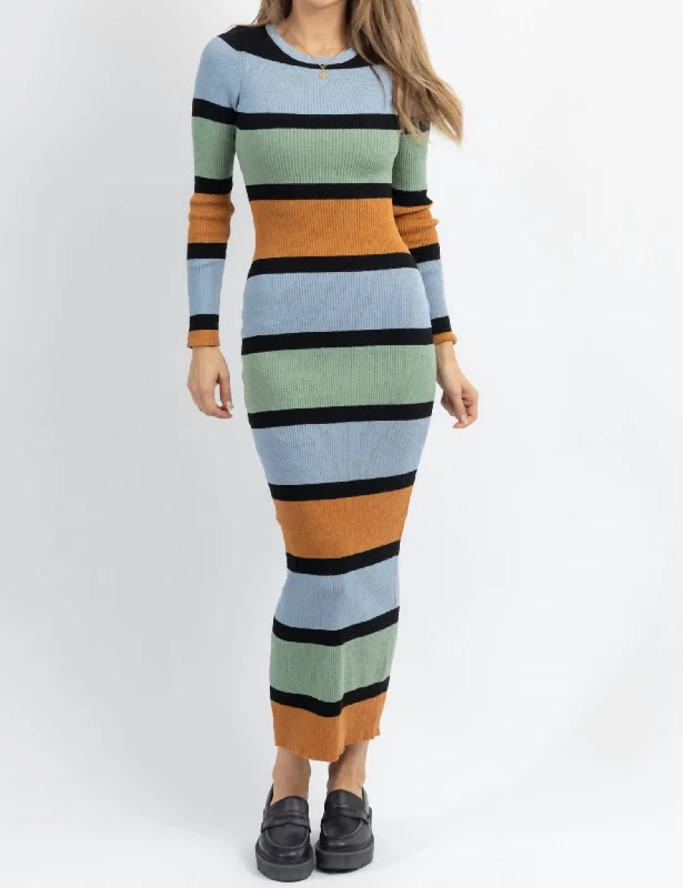 Premium Fabrics Roswell Ribbed Dress In Multi Color Striped