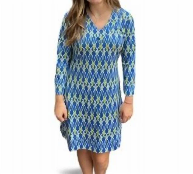 Evening Elegance Swirl Print Vneck Dress In Blue/yellow