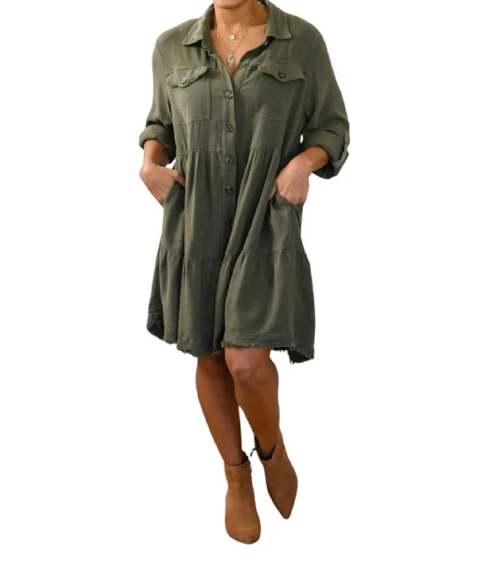 Hot Styles Weekend Tiered Button Up Dress In Forest